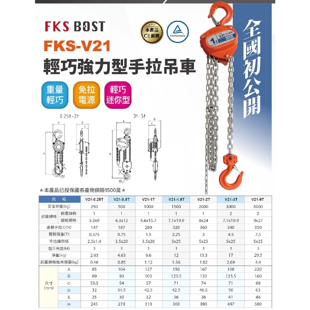 WIN五金 FKS BOST FKS-V21 輕巧強力型手拉吊車 1T*7M