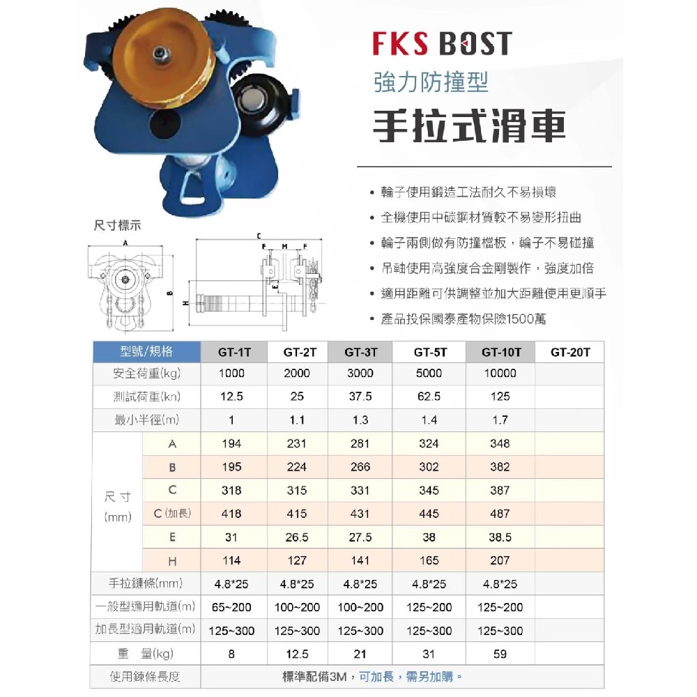 WIN五金 FKS BOST 強力防撞型手拉式滑車 5T一般型