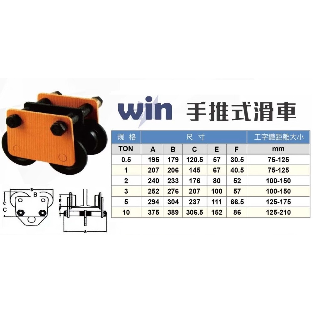 WIN五金 WIN 手推式滑車 2T