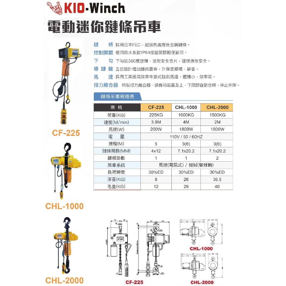 WIN五金 基業牌 單相110V電動迷你鍊條吊車 CHL-1000*6M