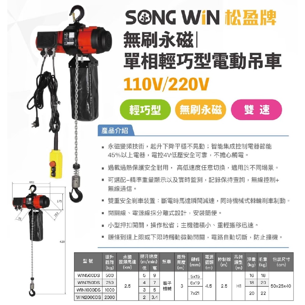 WIN五金 松盈牌 110V輕巧型電動吊車 WIN2000DS*3M