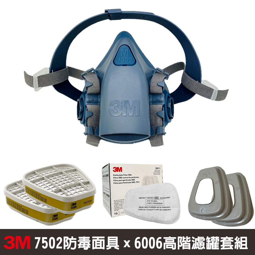3M 7502防毒面具X高階濾罐套組(6006高階綜合濾毒罐+5N11過濾棉+濾蓋)