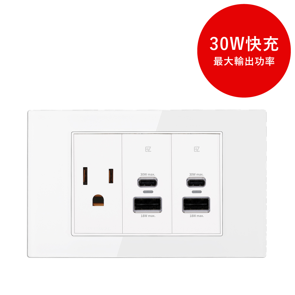 EZ CHARGER 易智快充 30W USB快充插座面板(AC插座+30W USB快充插座x2)鋼化玻璃外蓋