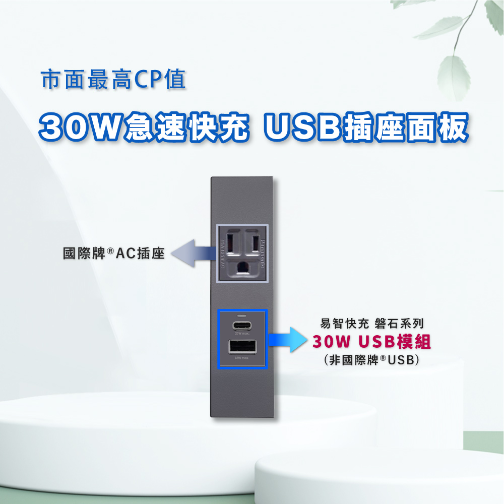 EZ CHARGER 易智快充 國際牌 Panasonic 省空間二孔灰色面板-磐石30W USB(A+C)國際牌開關