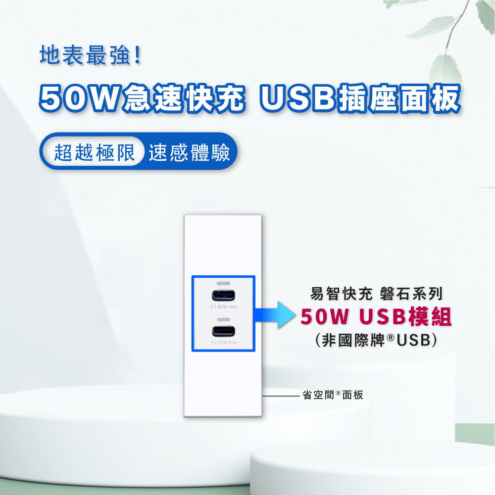 EZ CHARGER 易智快充   省空間一孔白色面板-磐石50W USB(C+C)