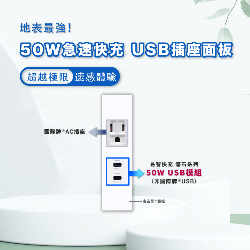 EZ CHARGER 易智快充   省空間二孔白色面板-磐石50W USB(C+C)+國際牌 AC插座