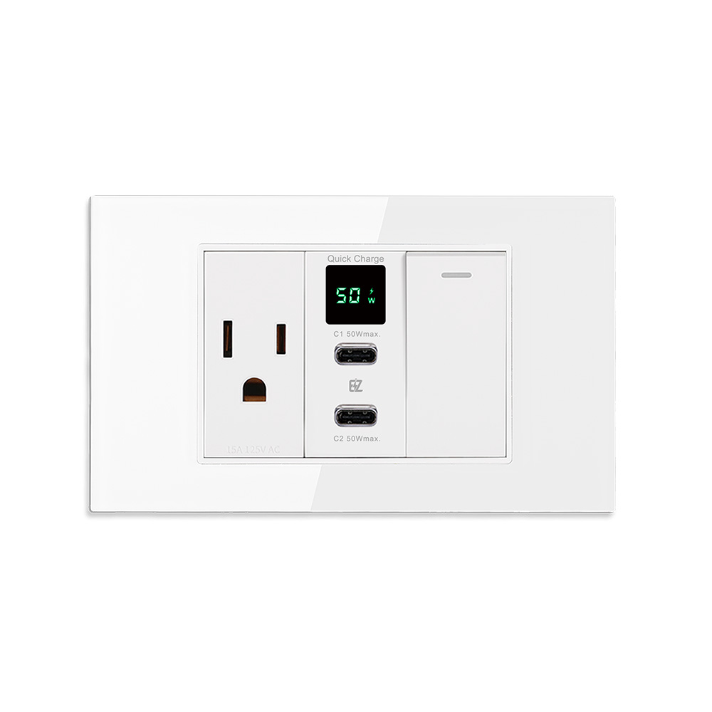 EZ CHARGER 易智快充 鋼化玻璃磁吸面板_50W USB快充插座+AC插座+LED開關_台灣及國際安全認證
