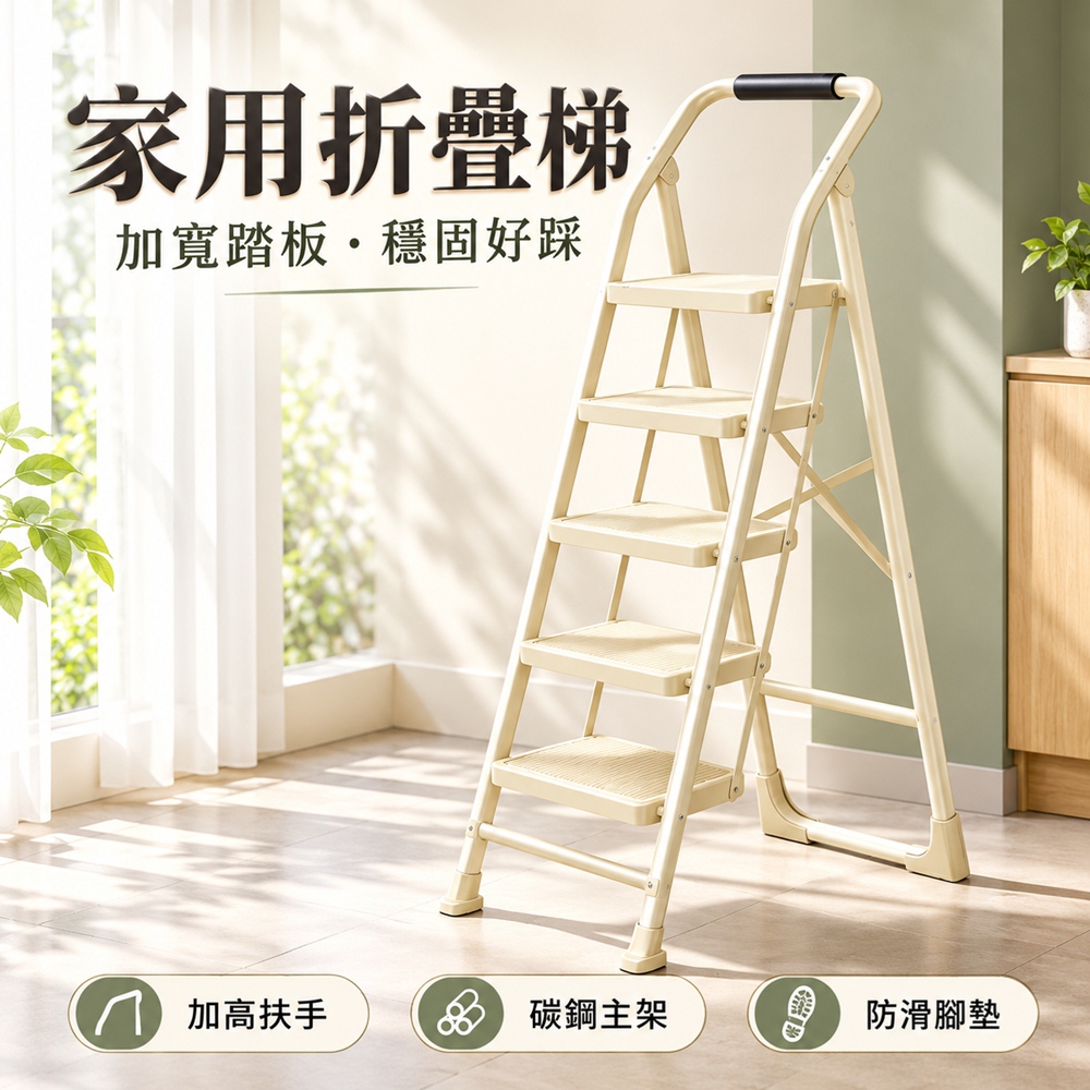[星何居]扶手人字梯 梯子 折疊梯 防滑梯 室內室外登高樓梯 四步梯(防滑腳墊 加寬踏板)
