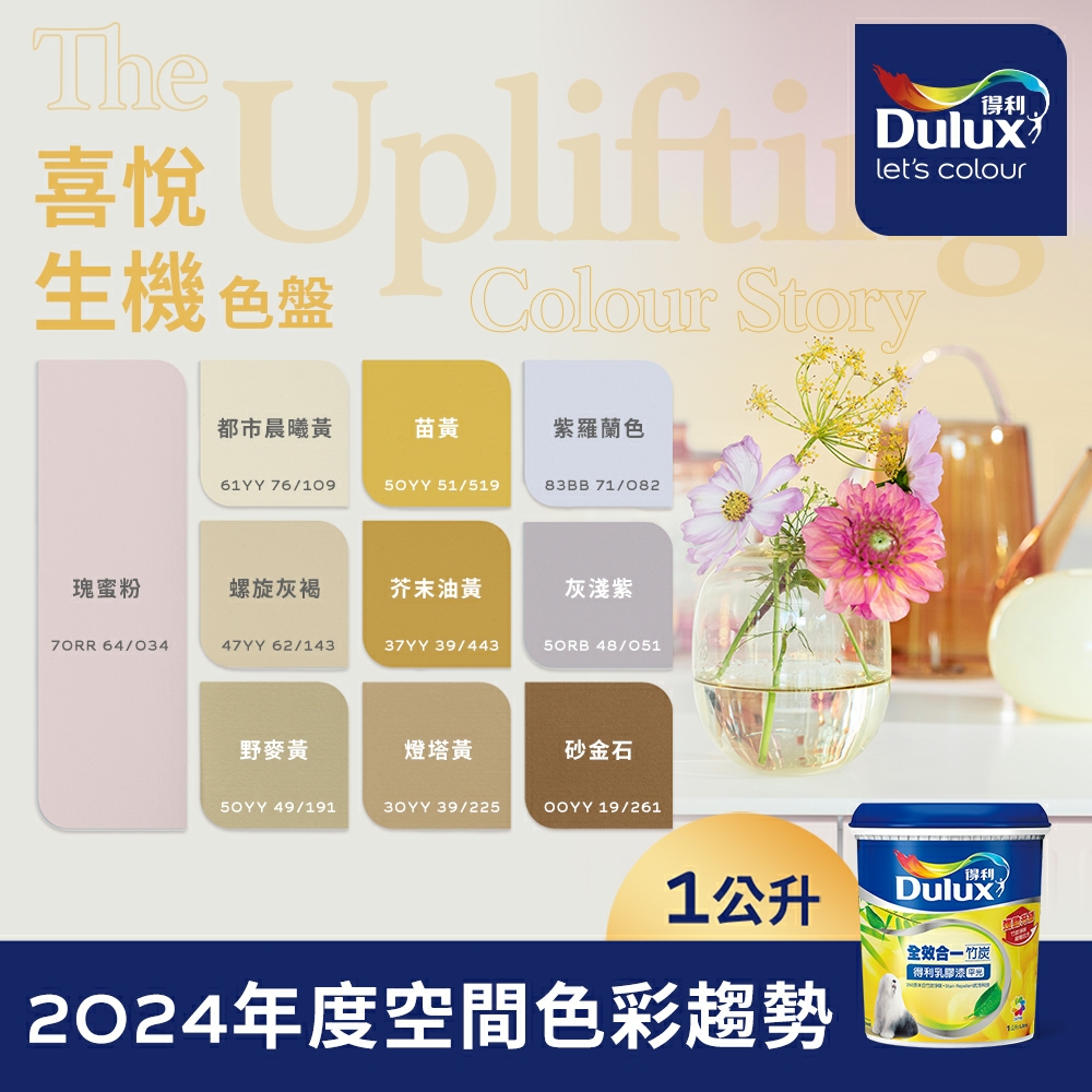 Dulux 得利塗料 A986K 全效合一竹炭乳膠漆 2024年度色系-喜悅生機 電腦調色1公升裝