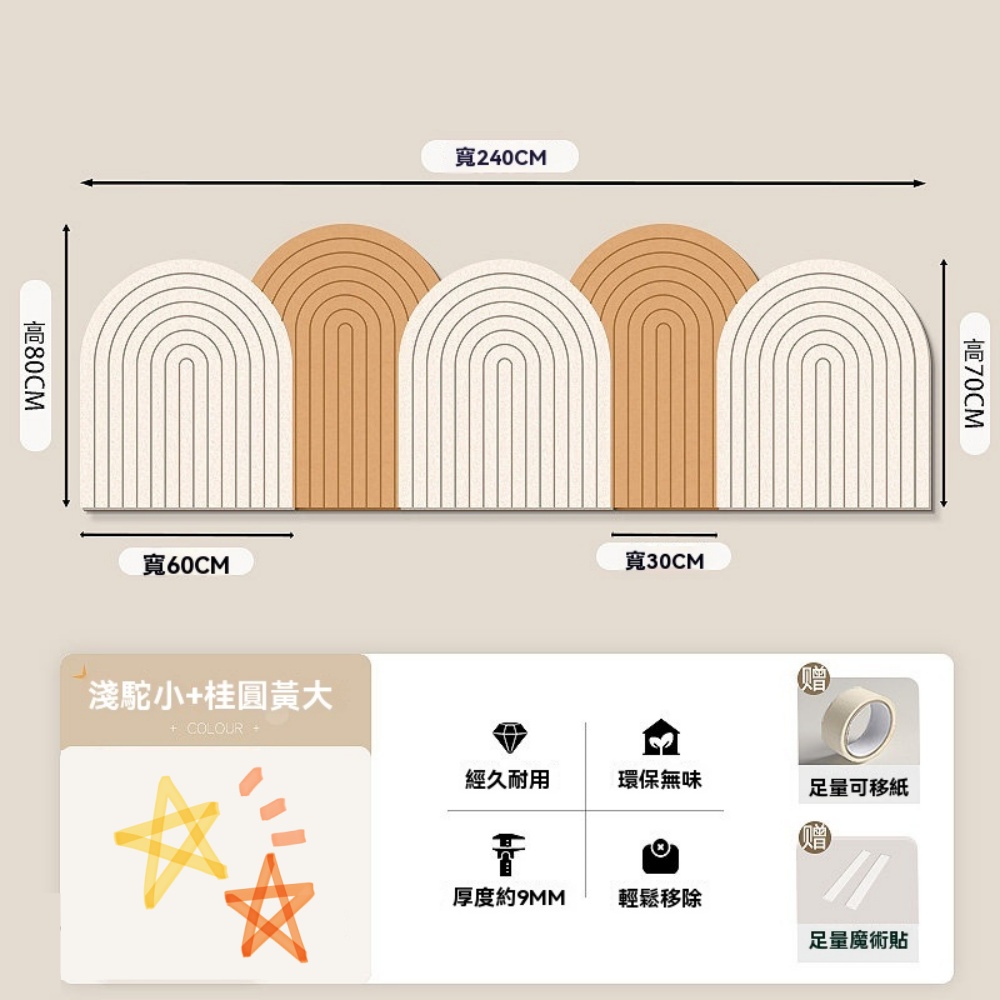 【匠心】拱門毛氈牆貼 臥室床頭牆貼 波浪造型防撞設計 自粘免打孔 高80cm*240cm寬(單張寬60CM)