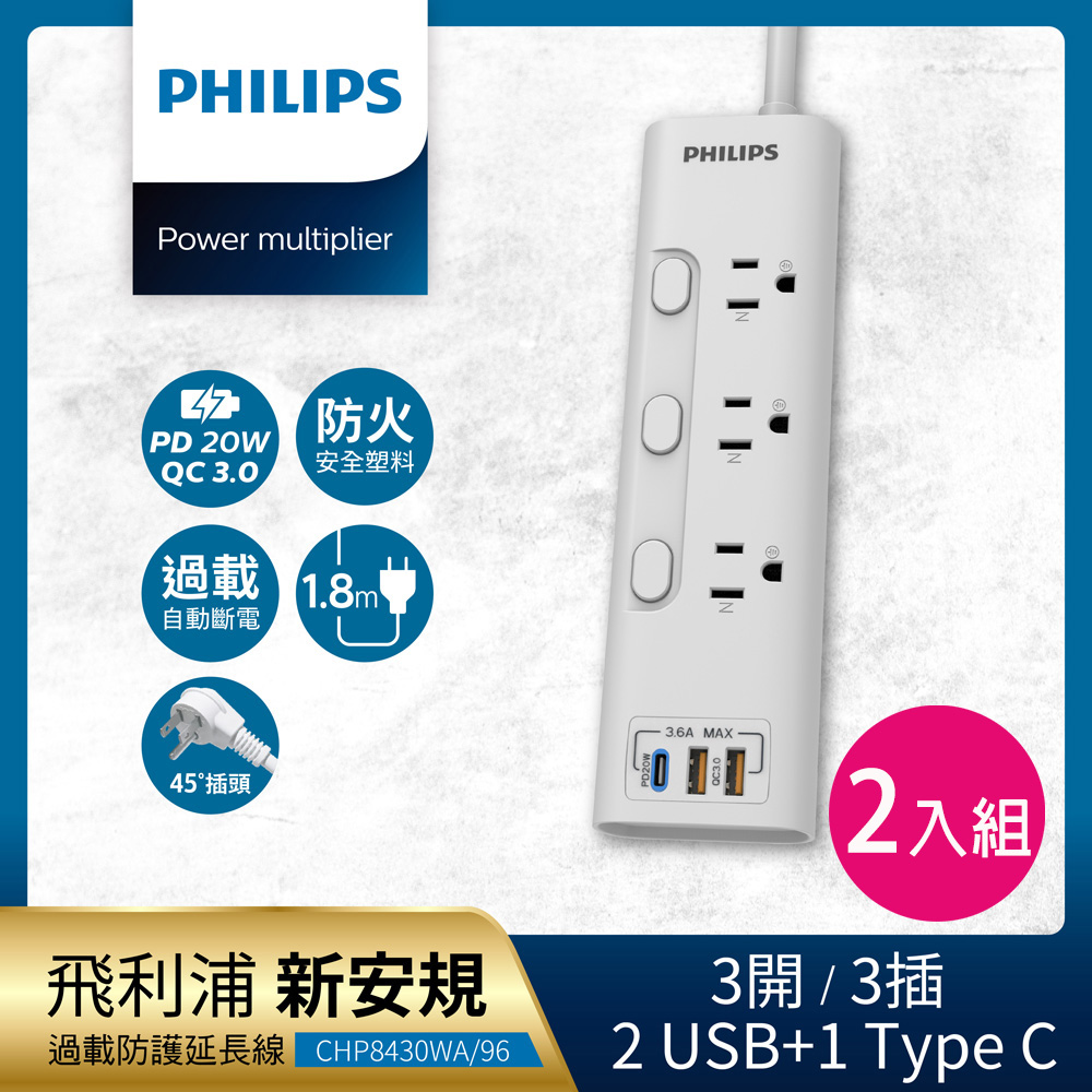 PHILIPS 飛利浦 (2入組) 新安規 3開3插 2USB+Type C PD 20W延長線1.8米 -CHP8430