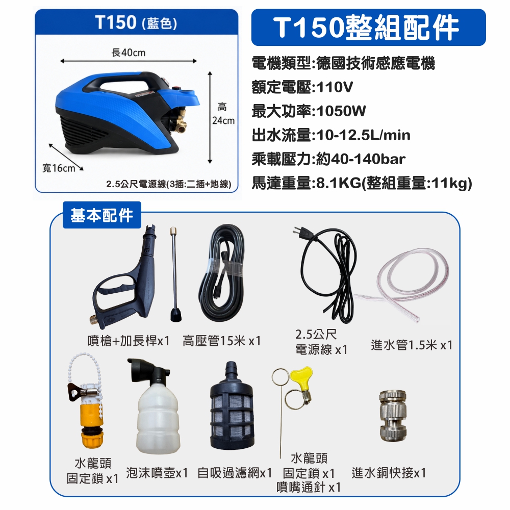 【一本店鋪】T150全自動高壓馬達洗車機 (洗車機 洗地機 疏通水管 洗冷氣 洗洗衣機)