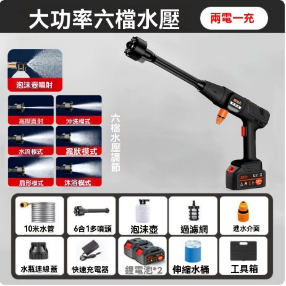 【銳達】洗車機   便攜式充電洗車槍 六檔水壓 + 多模式噴頭 戶外洗車清潔  長槍式充電清洗水槍
