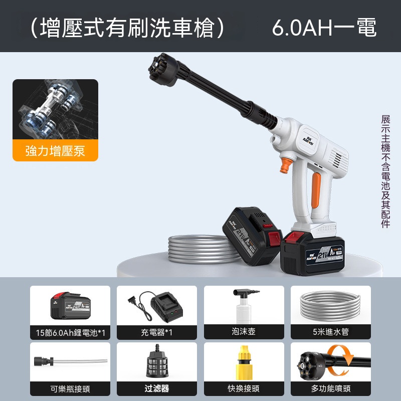 無線手持高壓水槍 多功能強力洗車水槍 家車兩用電動加壓噴頭 噴水槍 洗車機 清洗水槍 6.0AH一電5米管
