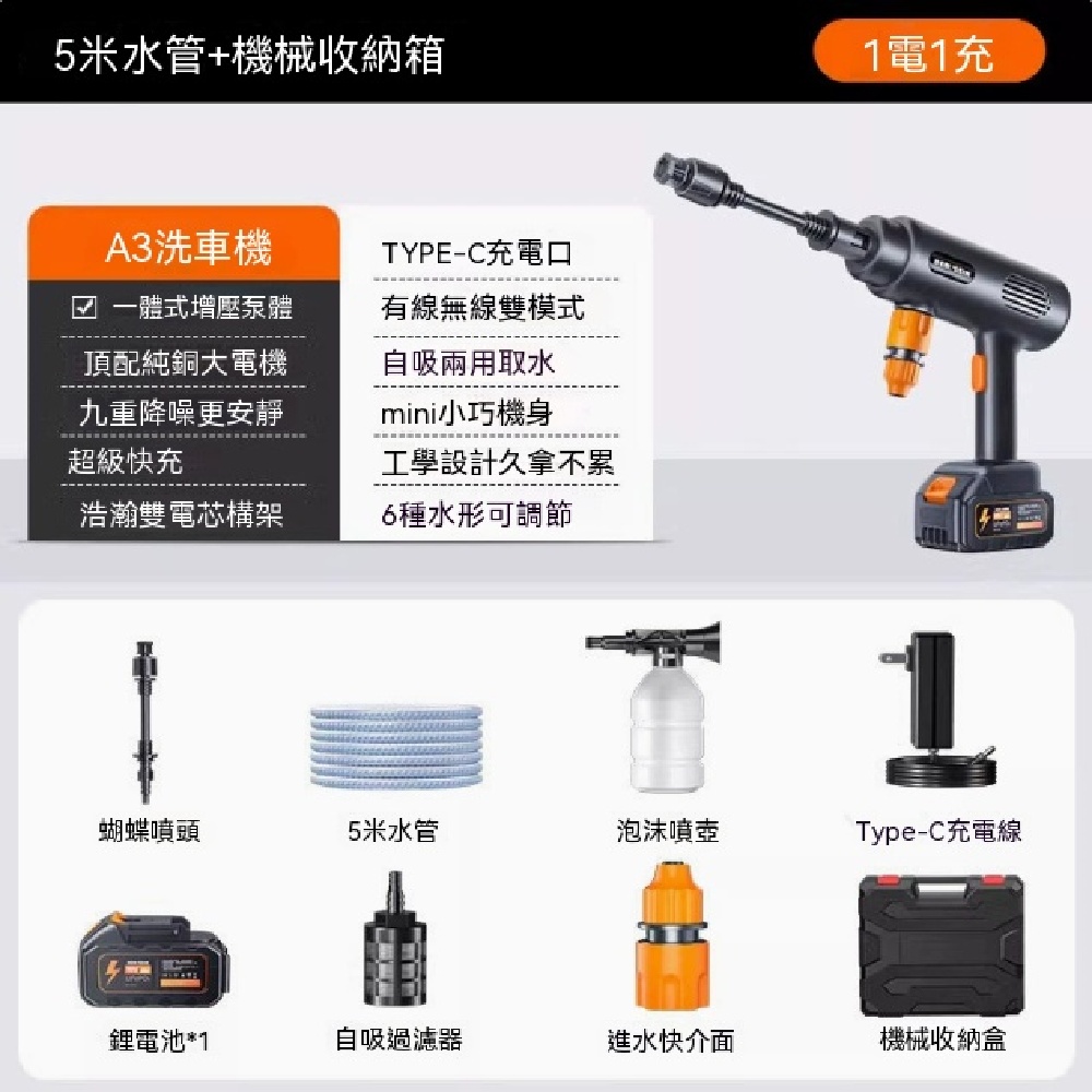 RUIDA 銳達 無線高壓水槍 便攜家用洗車設備 A3 蝴蝶長桿工具箱五公尺水管 車縫細部清潔 居家小範圍沖洗