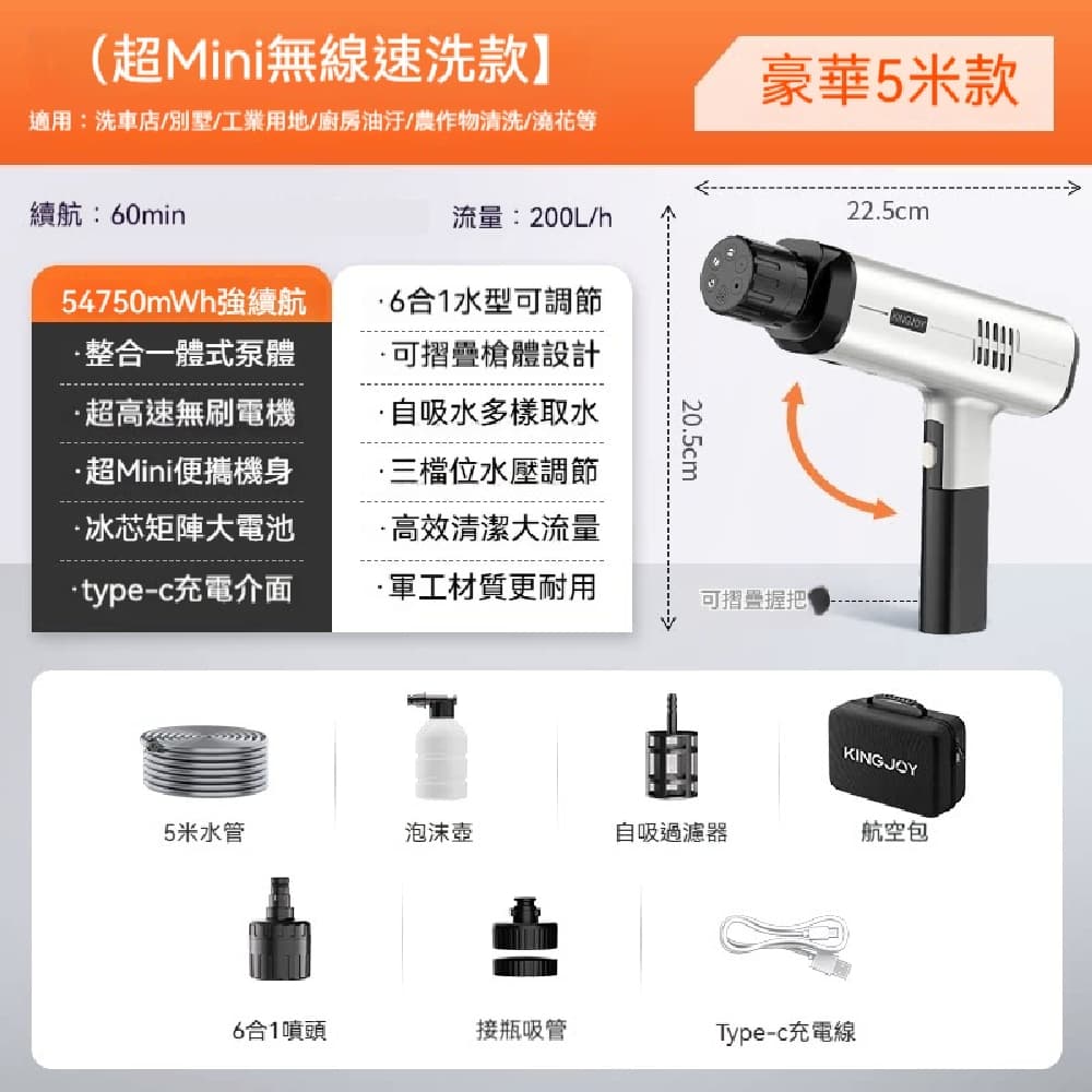 YOUJIA 優家洗車機便攜高壓水槍德系無刷頂配版電動鋰電清洗強增壓5米軟