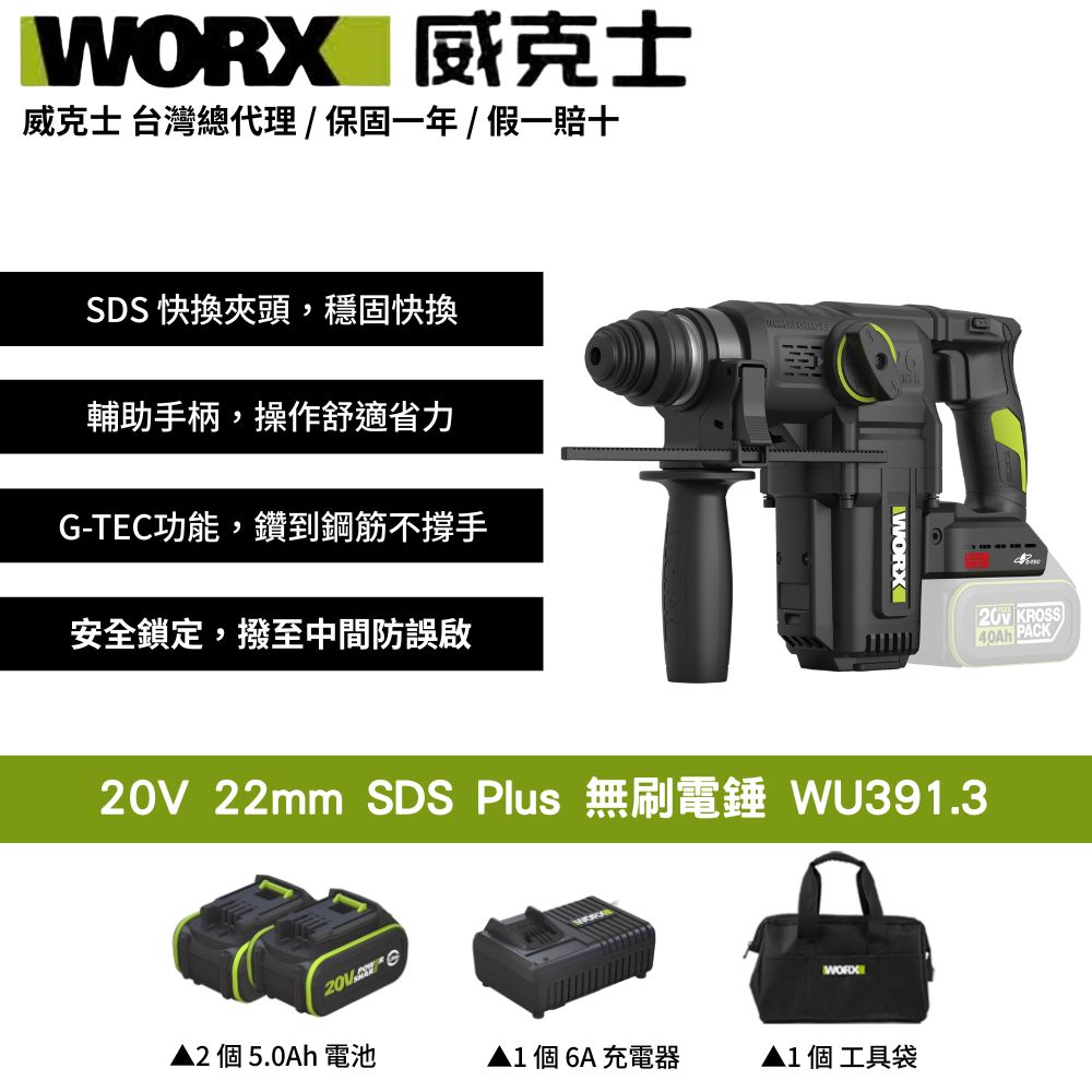 WORX 威克士 20V 22mm SDS Plus 無刷電錘 鎚鑽 錘鑽 電鎚 槌鑽 集塵式 重型鎚 集塵式電鎚 WU391.3