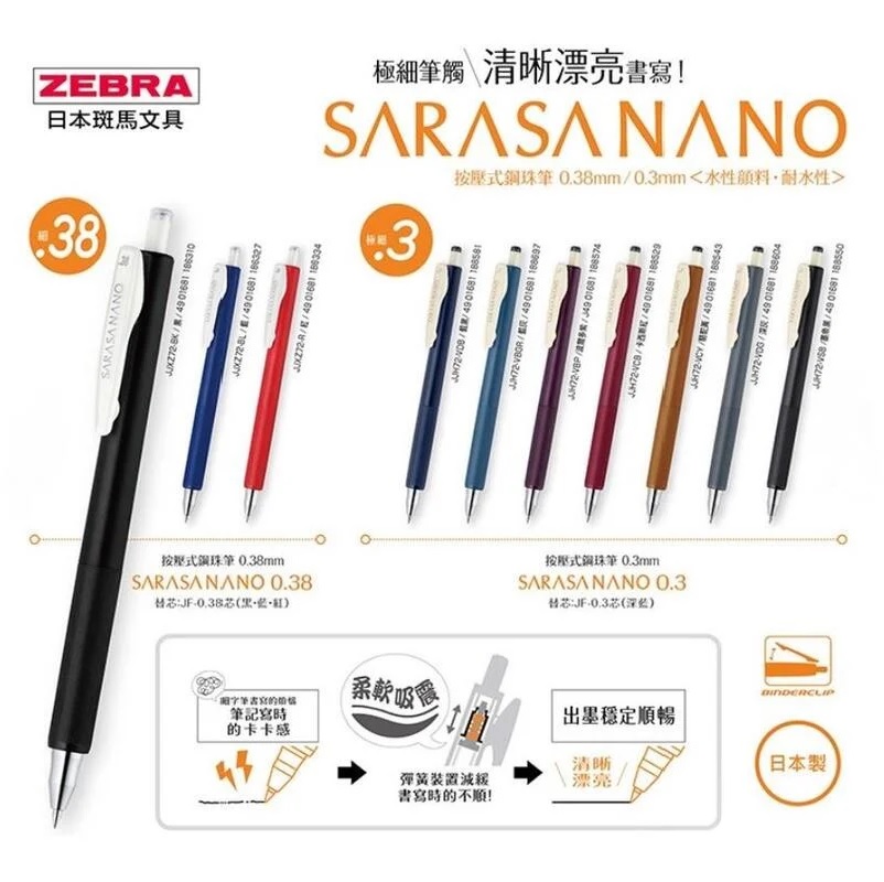 日本 ZEBRA斑馬 SARASA NANO 文具大賞0.3/0.38 自動鋼珠筆(JJH72/JJXZ72)JJX72