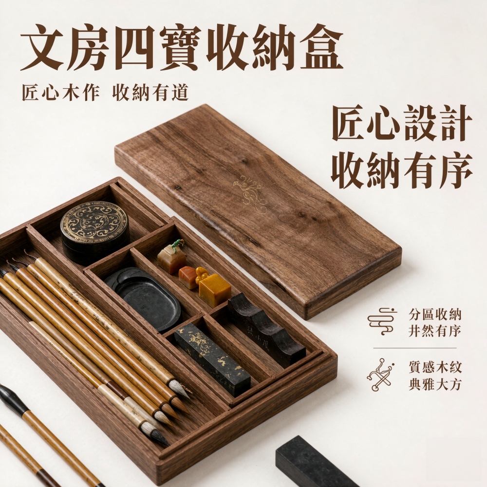 【悅購】毛筆收納盒 文房套裝收納盒 胡桃木收納盒 書法擺件收納 胡桃實木收藏文具盒 大號