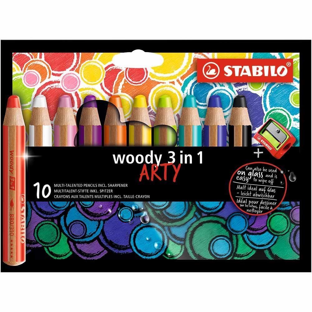 STABILO 思筆樂 woody 3 in 1 ARTY 可水洗水彩粉蠟筆10支組/盒 ST880/10-1-20