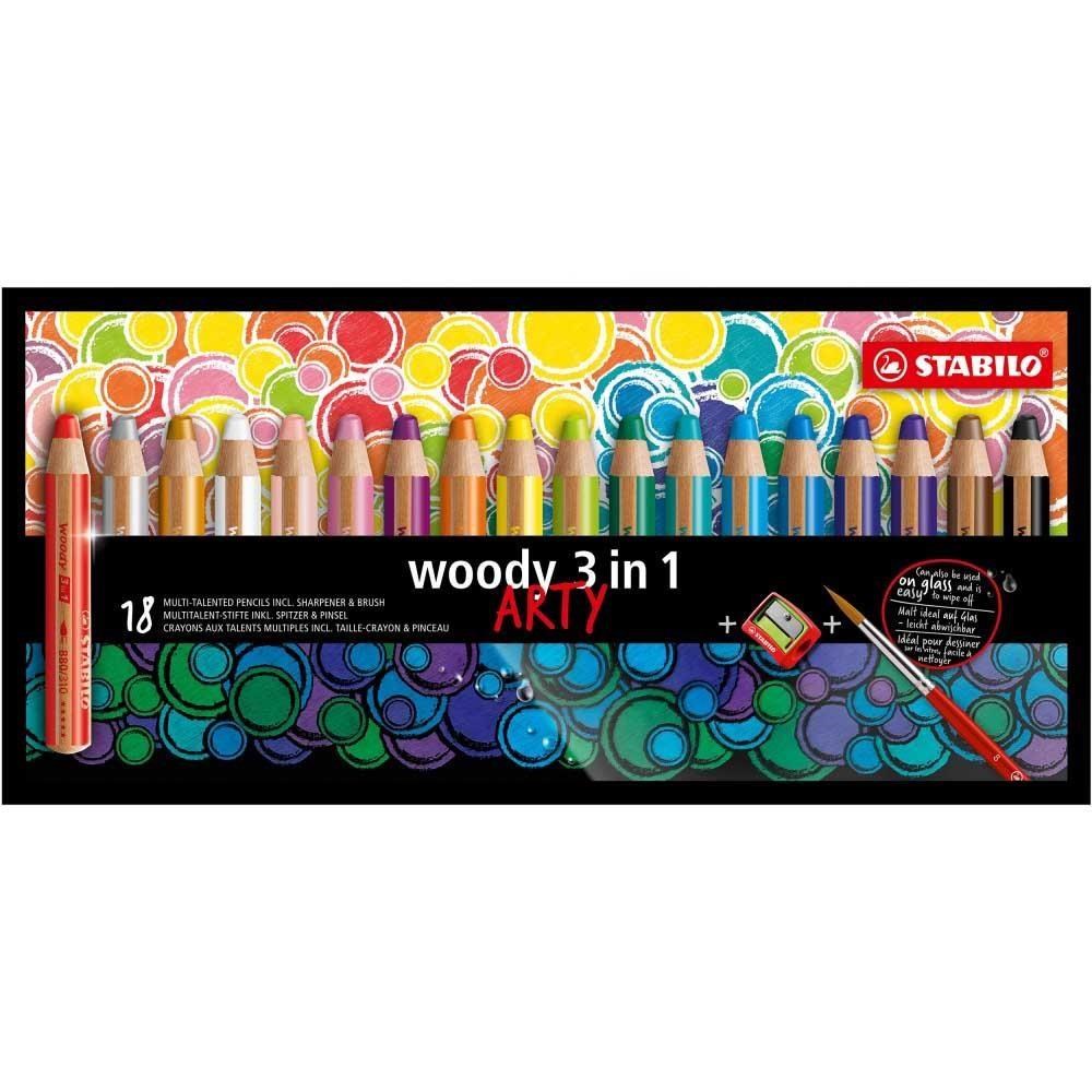 STABILO 思筆樂 woody 3 in 1 ARTY 可水洗水彩粉蠟筆 18支組/盒 ST880/18-1-20