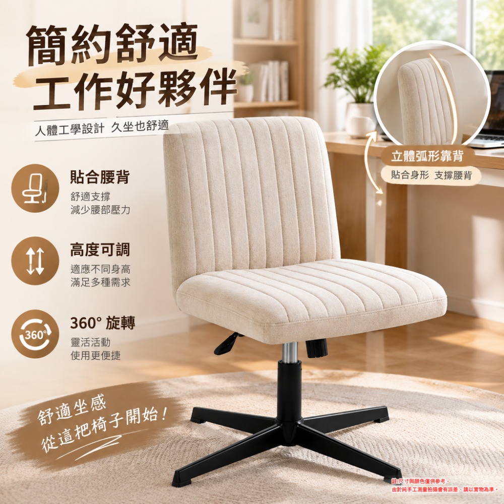 無扶手簡約布面低背電腦椅 升降旋轉辦公椅 可盤腿久坐 寬坐面設計