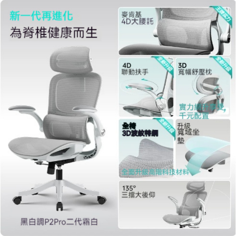 YUCN 裕川 二代霜白 麥肯基4D腰托 4D聯動扶手 3D頸枕 波紋特網 人體工學椅 電競椅 學習椅