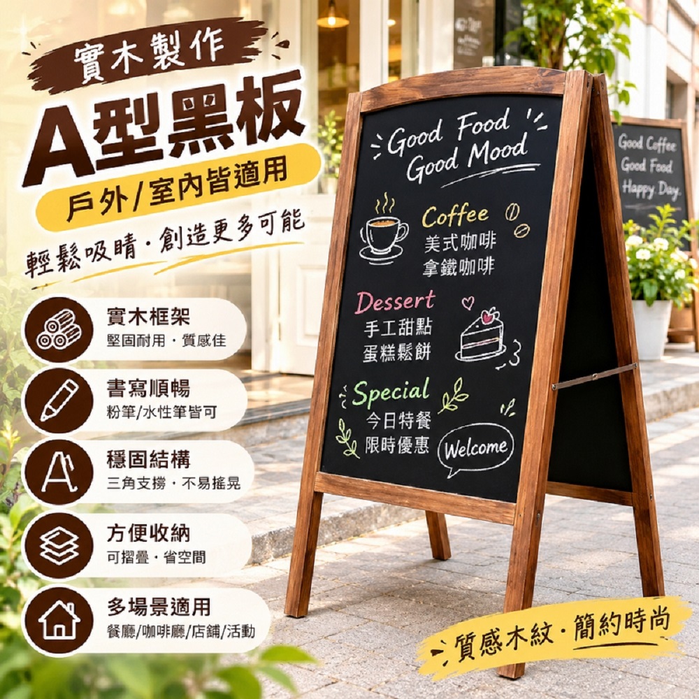 A型黑板 110*62CM單面黑板(木質展示立牌 菜單板 餐廳咖啡廳店面告示牌 促銷展示牌 立式留言板)