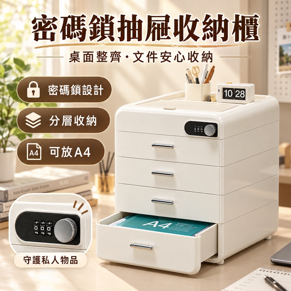 [星何居]文件櫃 抽屜櫃 帶鎖收納櫃 收納箱 辦公桌面密碼箱 2層(抽拉順滑 結實耐用)