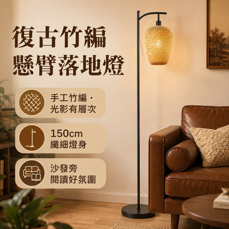 窩居 復古竹編落地燈 沙發旁懸臂立燈 日式茶室落日氛圍燈 客廳臥室立式燈 三色變色燈 腳踏開關