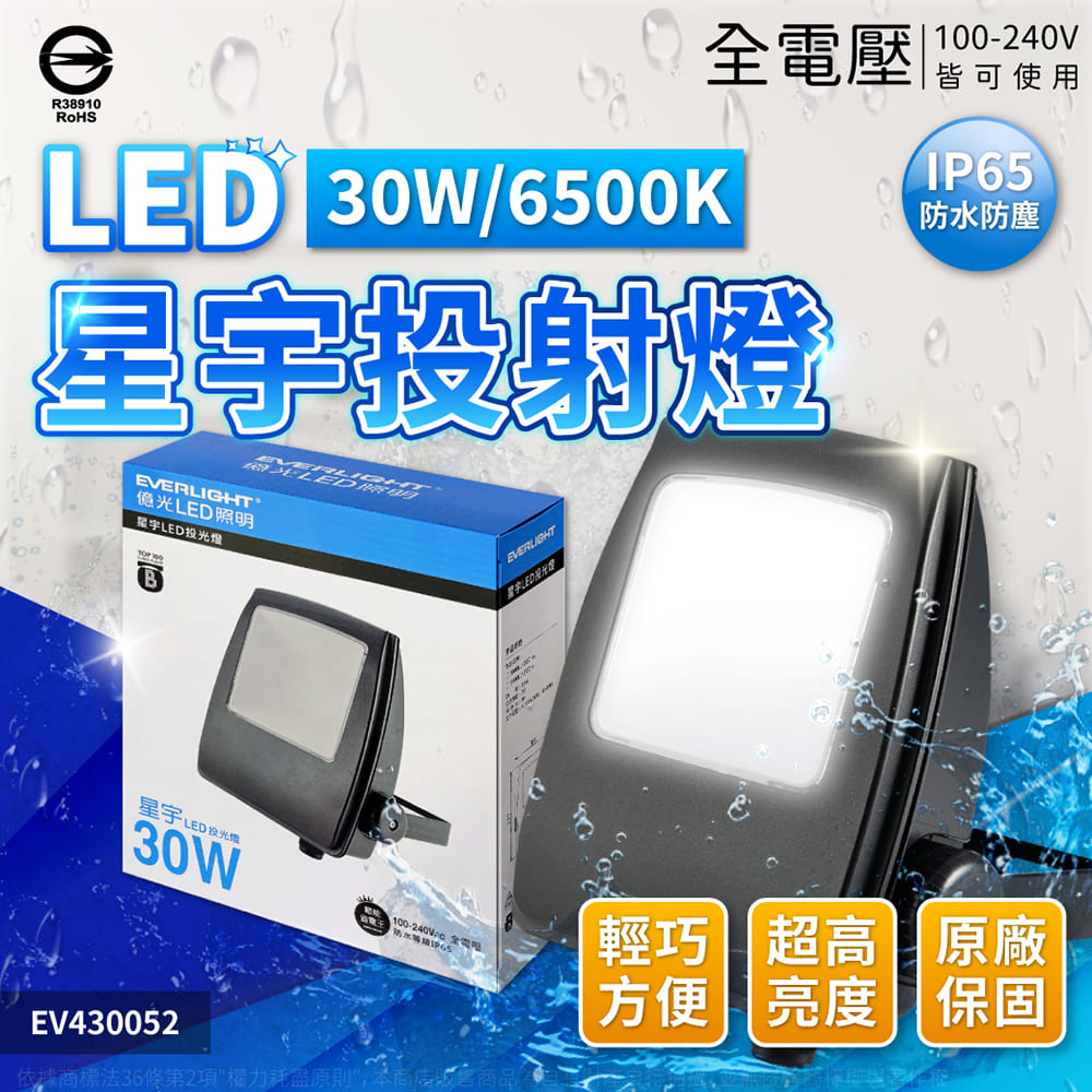 EVERLIGHT 億光 星宇 30W LED 投射燈 IP65 防水 防塵 戶外 全電壓 投光燈 廣告燈 招牌燈 照射燈 燈 (白光/黃光)