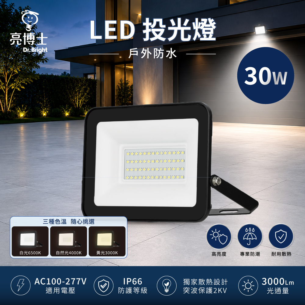 亮博士 30W 投光燈 IP66 白光 自然光 黃光