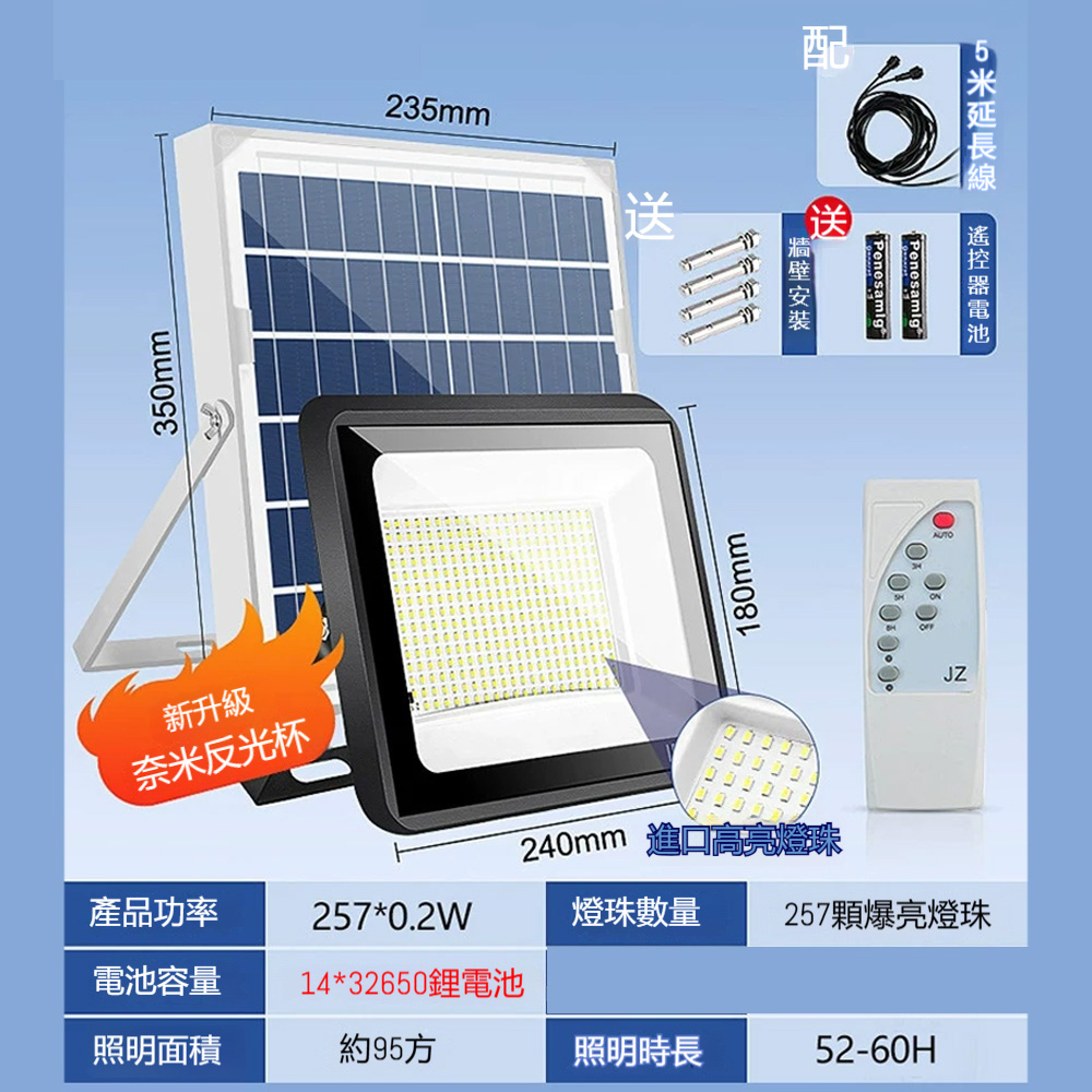 【物居】太陽能戶外燈 家用照明 100W投光燈 室外天黑自動亮 感應路燈（800M）