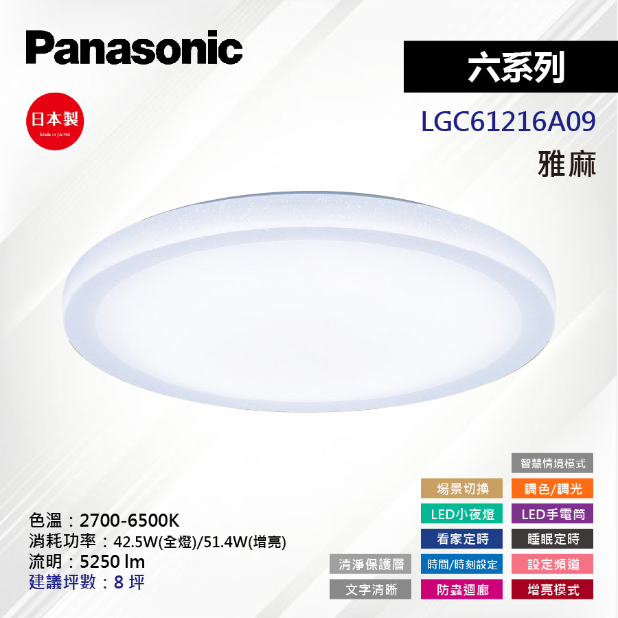 Panasonic 國際牌 LED 42.5W(增量51.4W) 5-8坪 遙控吸頂燈 六系列 雅麻 LGC61216A09