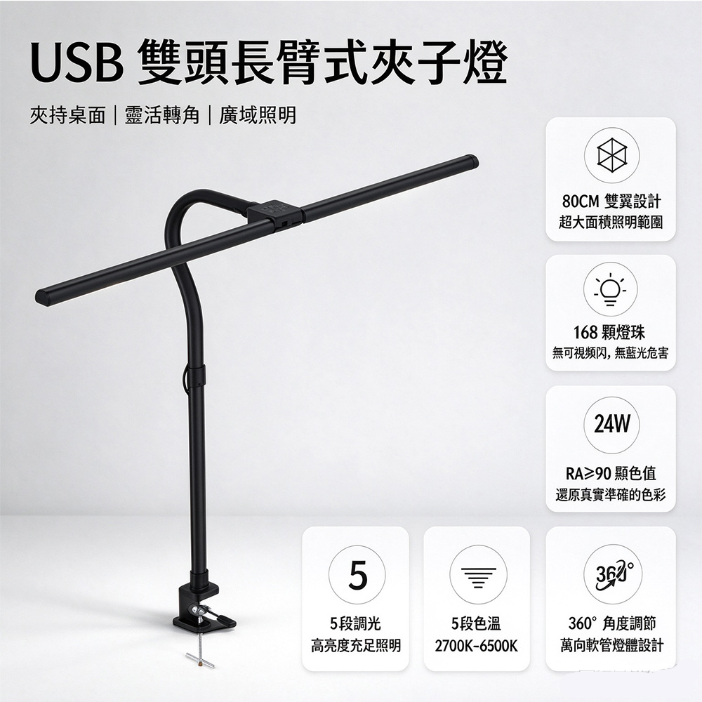 【SHIOKU汐屋】led護眼臺燈桌面 夾子夾式燈 usb雙頭長臂式燈 防藍光學習閱讀臺燈