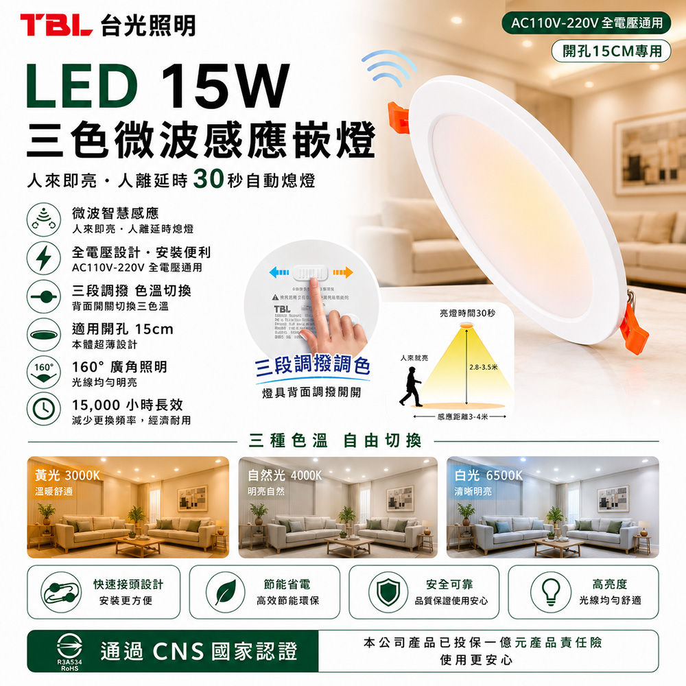 TBL 台光照明 LED 15W三色微波感應嵌燈(TBL-GL15W15-3CCT-S)