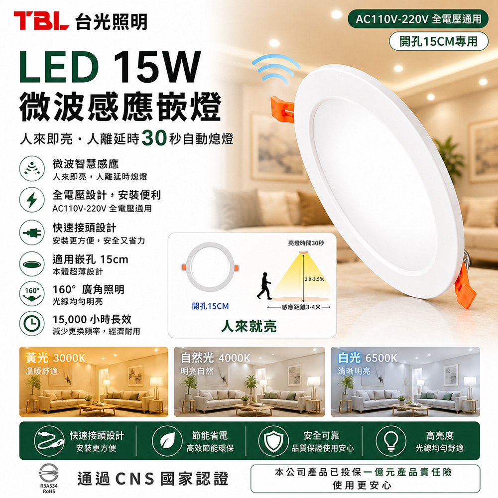 TBL 台光照明 LED 15W白光微波感應嵌燈2入(TBL-GL15W15R1-D-SS)