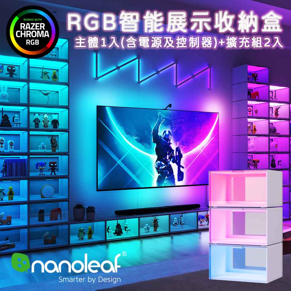 Nanoleaf RGB 智能展示收納盒主體1入(含電源及控制器)+擴充組2入 (RGB LED 觸控 音樂 氣氛燈 公仔 鞋盒 收納)