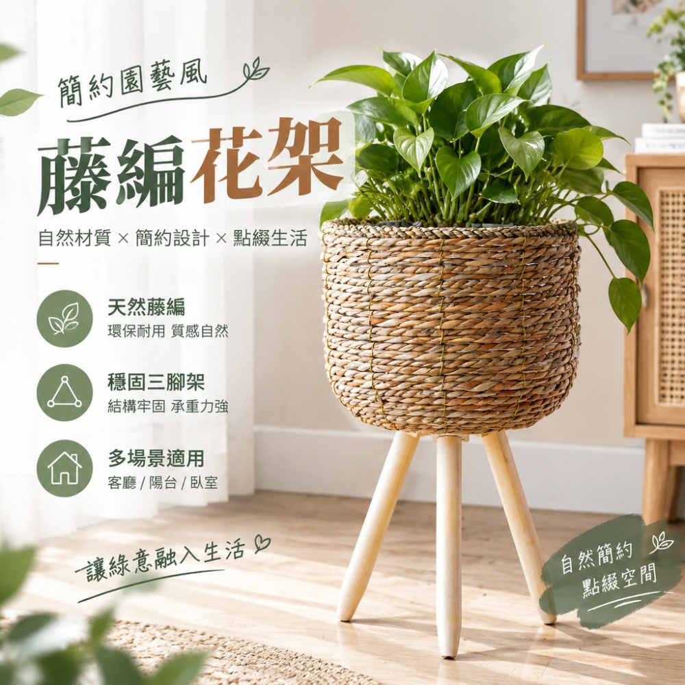 芸白】室內花架花盆架陽台花架草編花籃三腳原木花架落地編織花盆籃北歐