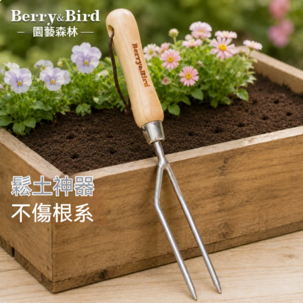 木柄二齒鬆土叉 不鏽鋼小型鬆土耙 盆栽移植手叉 拋光不鏽鋼齒頭 家用園藝除草叉