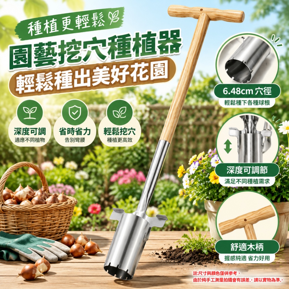 【芸白】種植器 長柄球根種植器 木柄挖穴器 不鏽鋼移栽筒 種植工具 球根打洞器 移苗器 菜園栽種工具
