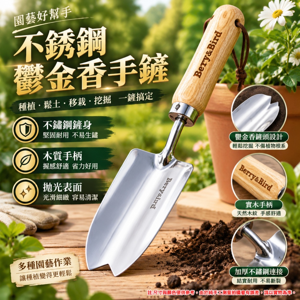 【威朗】手鏟 不鏽鋼鬱金香手鏟 移栽挖掘剷土挖坑 種花小鏟 家用園藝鏟子 木柄小鏟 家用種花小鏟254mm