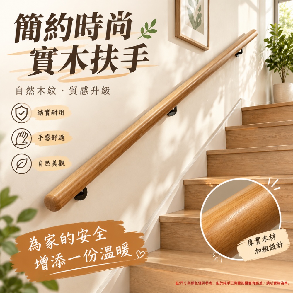 【伊達】台灣現貨 木扶手 樓梯實木扶手 靠牆扶手 走廊扶手 加厚支架 居家樓梯走道防護扶手
