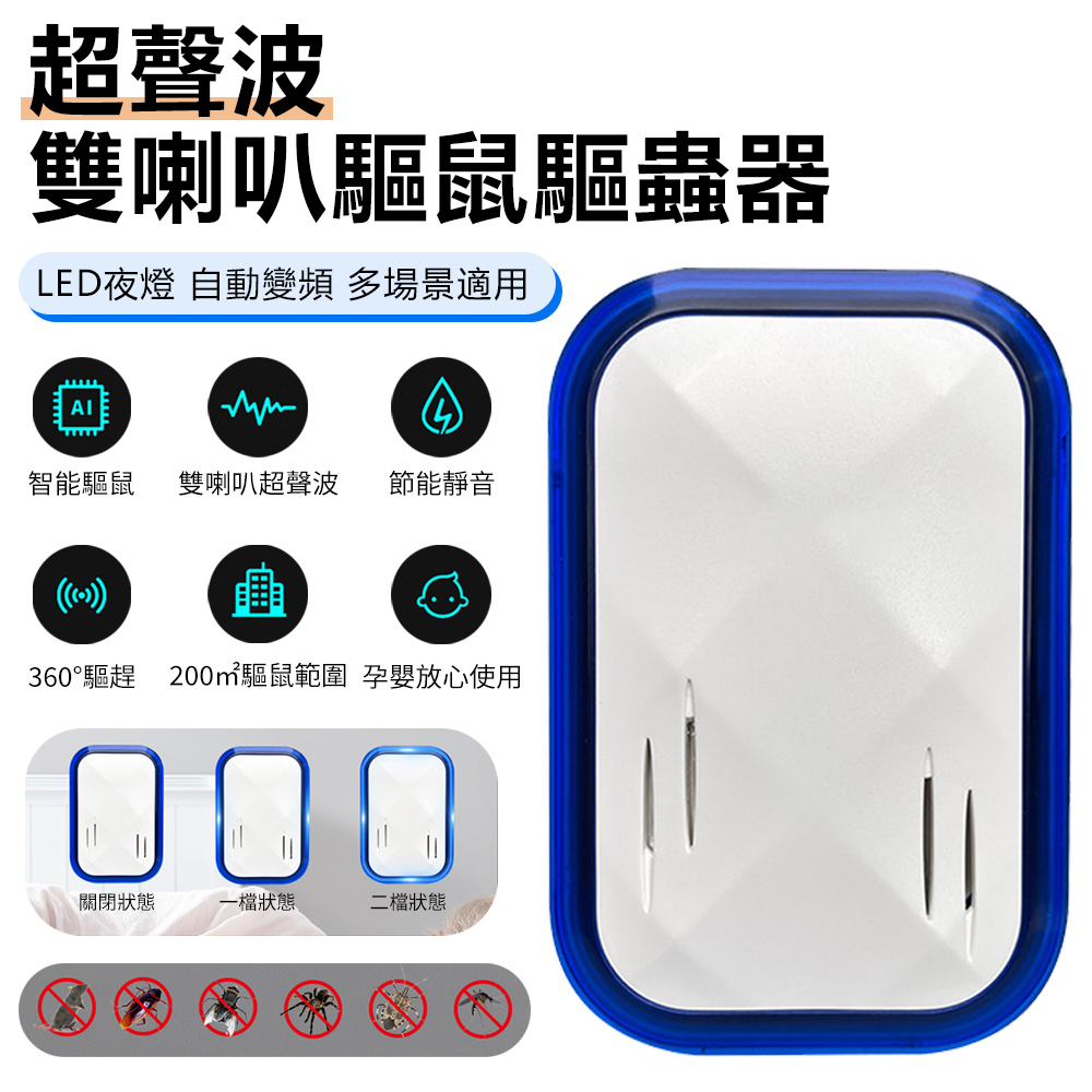 雙喇叭超聲波驅鼠器 靜音環行LED夜燈 360°變頻電子驅蟲器 靜音捕鼠器/滅鼠器/驅蚊器