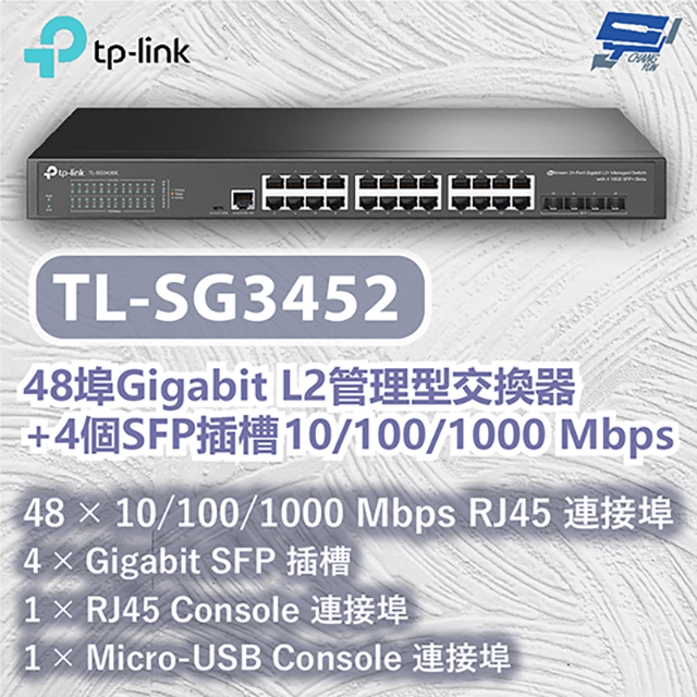 TP-Link TL-SG3452 Omada 48 埠 Gigabit L2+ 管理型交換器 (含 4 個 SFP 插槽)昌運監視器（其他規格）
