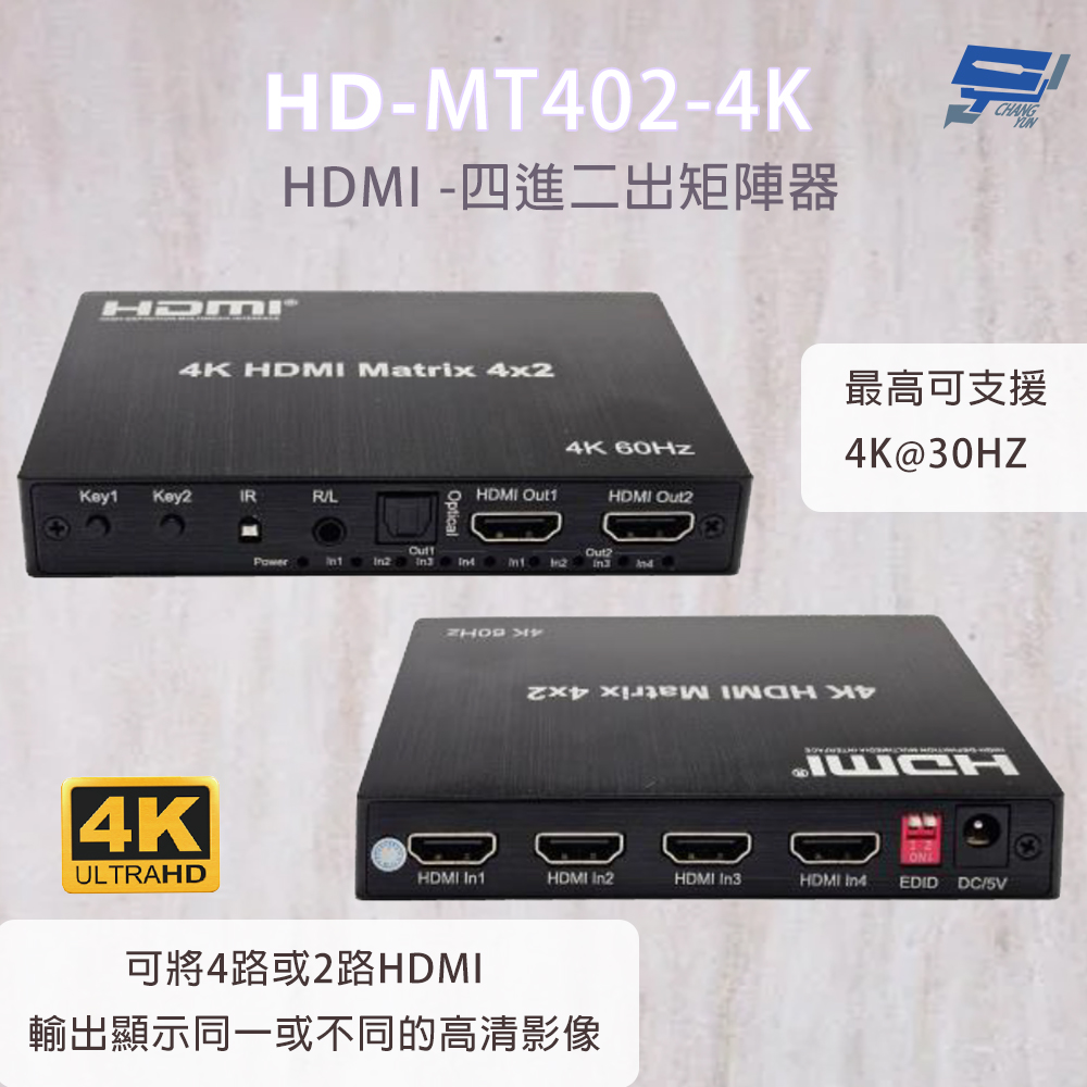 Changyun 昌運監視器 HD-MT402-4K 4K HDMI四進二出矩陣器 可將2路HDMI輸出顯示同一或不同的高清影像