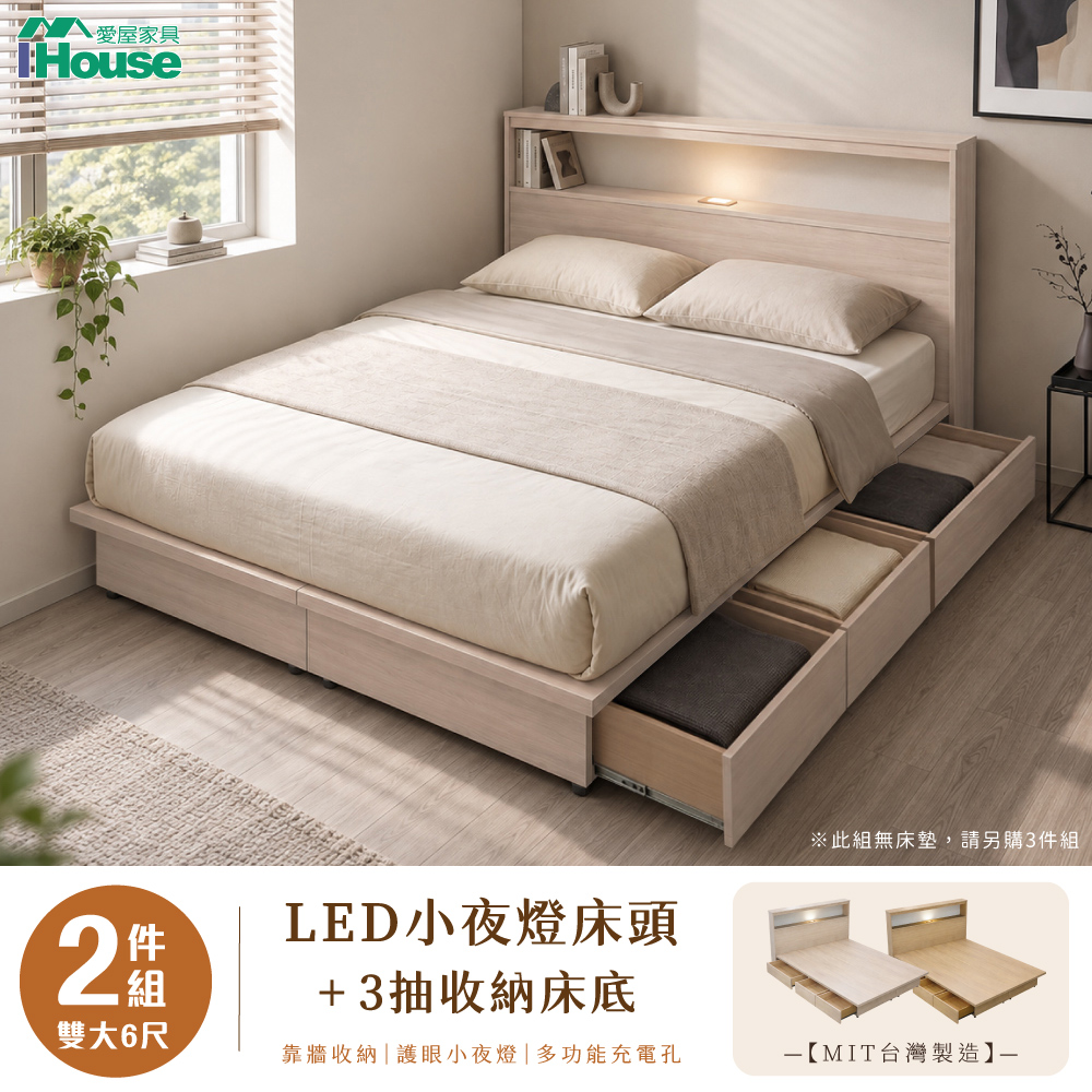 IHouse 愛屋家具 山田 雙大6尺燈光床片、靠牆款3抽收納底 (房間2件組/床組/床頭+床底/雙人床)