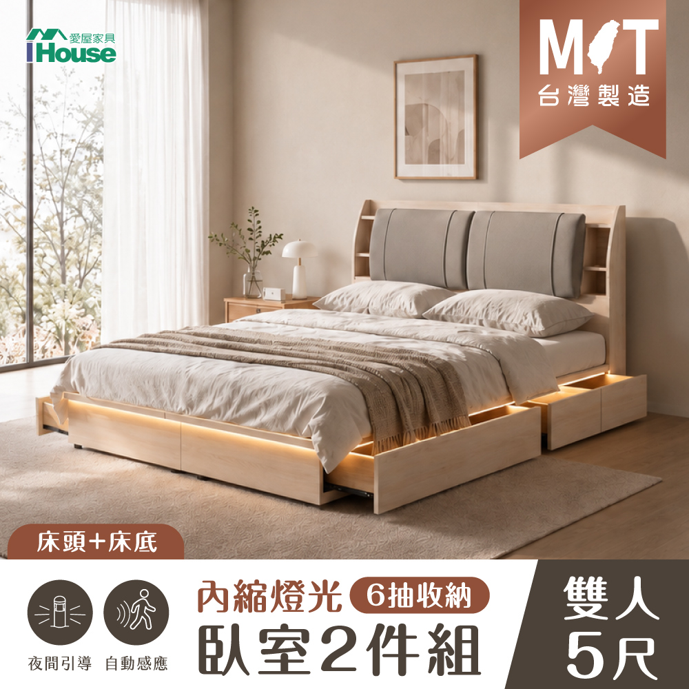 IHouse 愛屋家具 北歐收納 雙人5尺 房間2件組(床頭片+燈光6抽床底)