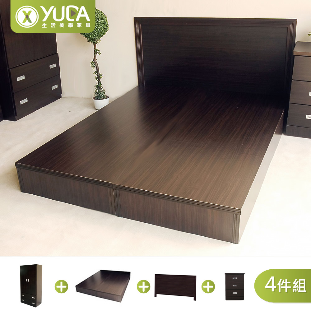 YUDA 生活美學 房間組四件組雙人5尺 床頭片+床底+床頭櫃+衣櫃(多色可選)