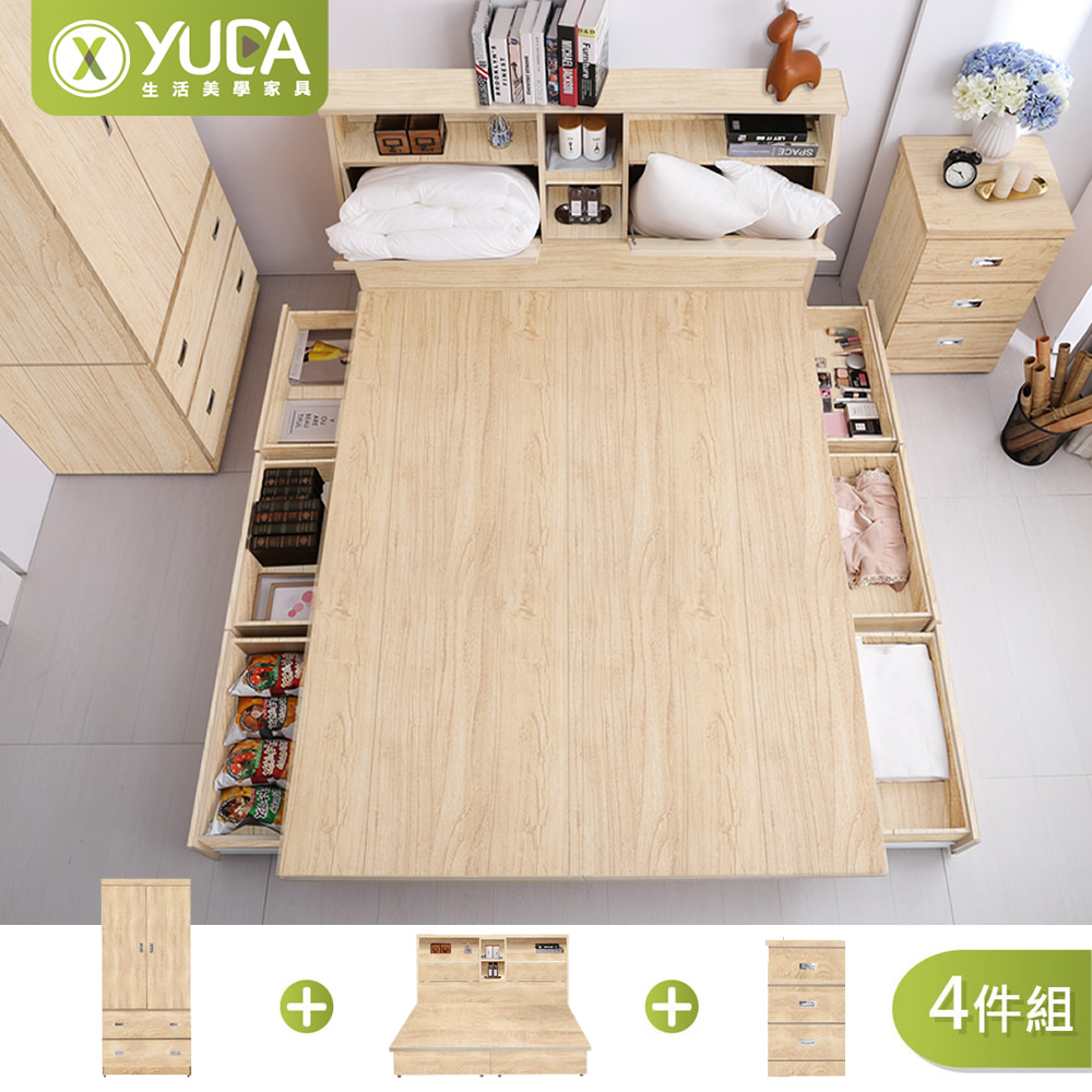 YUDA 生活美學 6尺北歐都市風四件組 6抽多元收納抽屜床底+加高床頭箱+床邊櫃+炫風衣櫃
